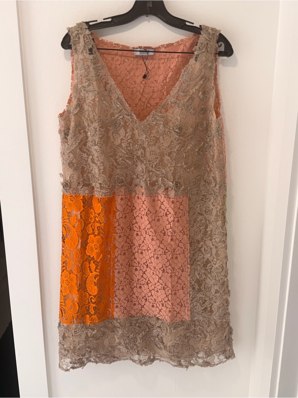 MOSCHINO Sleeveless Lace Mini Dress in Beige with Pink & Orange Panels SIZE 12